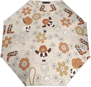 Windproof Travel Umbrellas for Rain,Western Cowboy Skeleton Flower Durable & Compact Umbrella-Waterproof Canopy for Backpack, Purse, Portable, Umbrella for Travel