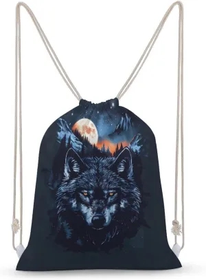 Wolf Hunting Moon Drawstring Backpack Travel String Shoulder Bag Canvas Sport Sackpack for Gym Shopping Yoga