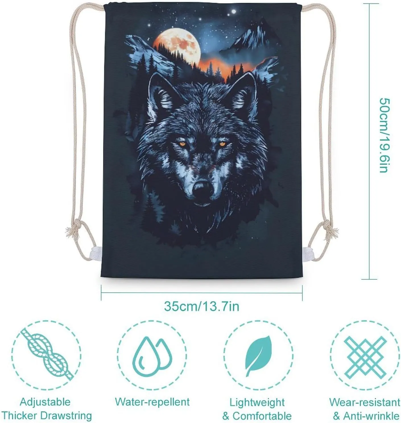 Wolf Hunting Moon Drawstring Backpack Travel String Shoulder Bag Canvas Sport Sackpack for Gym Shopping Yoga