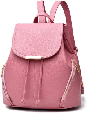 Women Casual Drawstring Daypack Fashion Backpack Shoulder Bag PU Bags-Pink
