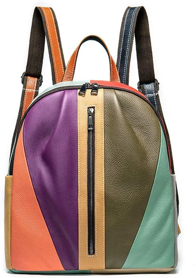 Women's Multicolor Backpack Genuine Leather Handbag Random Colorful Patchwork Shoulder Bag Men Daypack Unique Purses