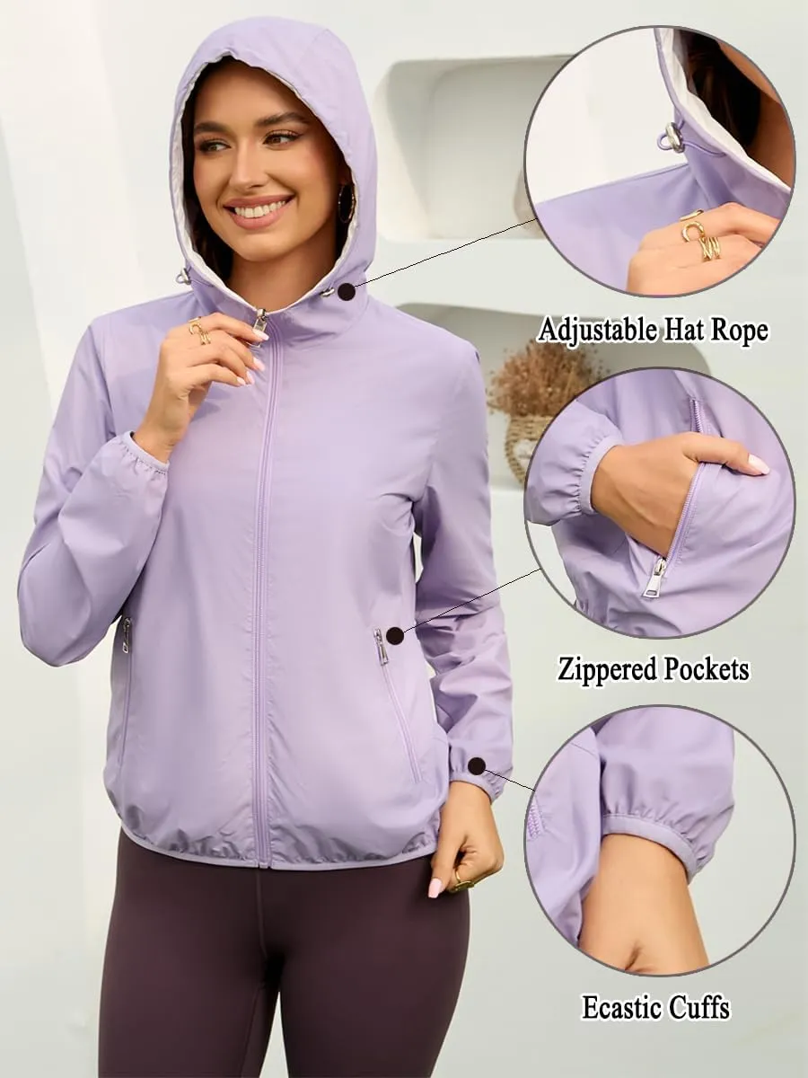 Womens Reversible Rain Jacket Lightweight Waterproof Windbreaker Jacket Outdoor Active Portable Raincoat