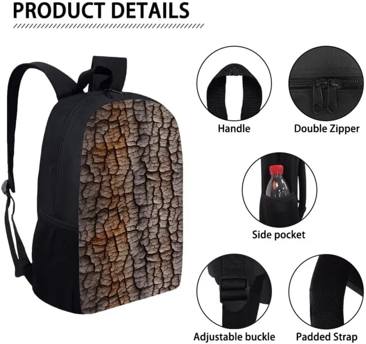 Wood Trunk Painting 3 Pieces Schoolbag Sets Funny Trees Foldable Lunch Box Pencil Case Retro Art Double Zipper Stationery Storage Bags for Teens