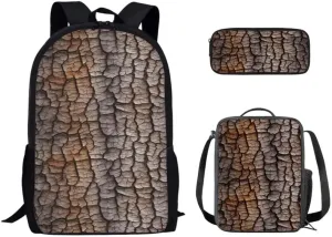 Wood Trunk Painting 3 Pieces Schoolbag Sets Funny Trees Foldable Lunch Box Pencil Case Retro Art Double Zipper Stationery Storage Bags for Teens