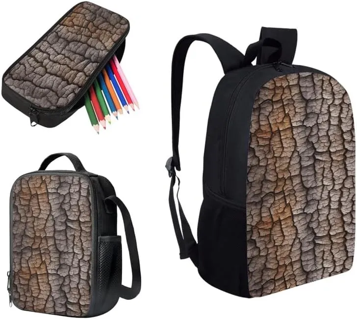 Wood Trunk Painting 3 Pieces Schoolbag Sets Funny Trees Foldable Lunch Box Pencil Case Retro Art Double Zipper Stationery Storage Bags for Teens