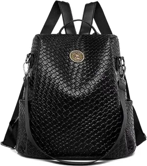 Woven Leather Backpack Purse for Women Waterproof Anti-theft Multipurpose Design Convertible Satchel Handbags (Black)