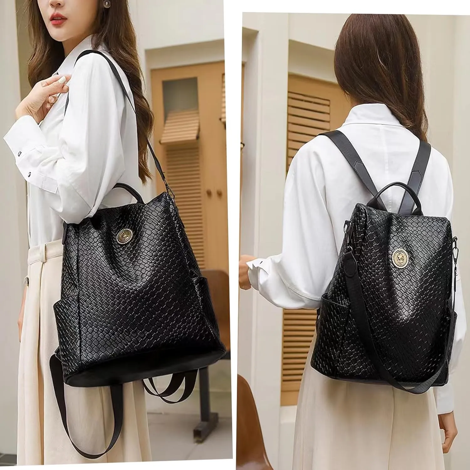 Woven Leather Backpack Purse for Women Waterproof Anti-theft Multipurpose Design Convertible Satchel Handbags (Black)