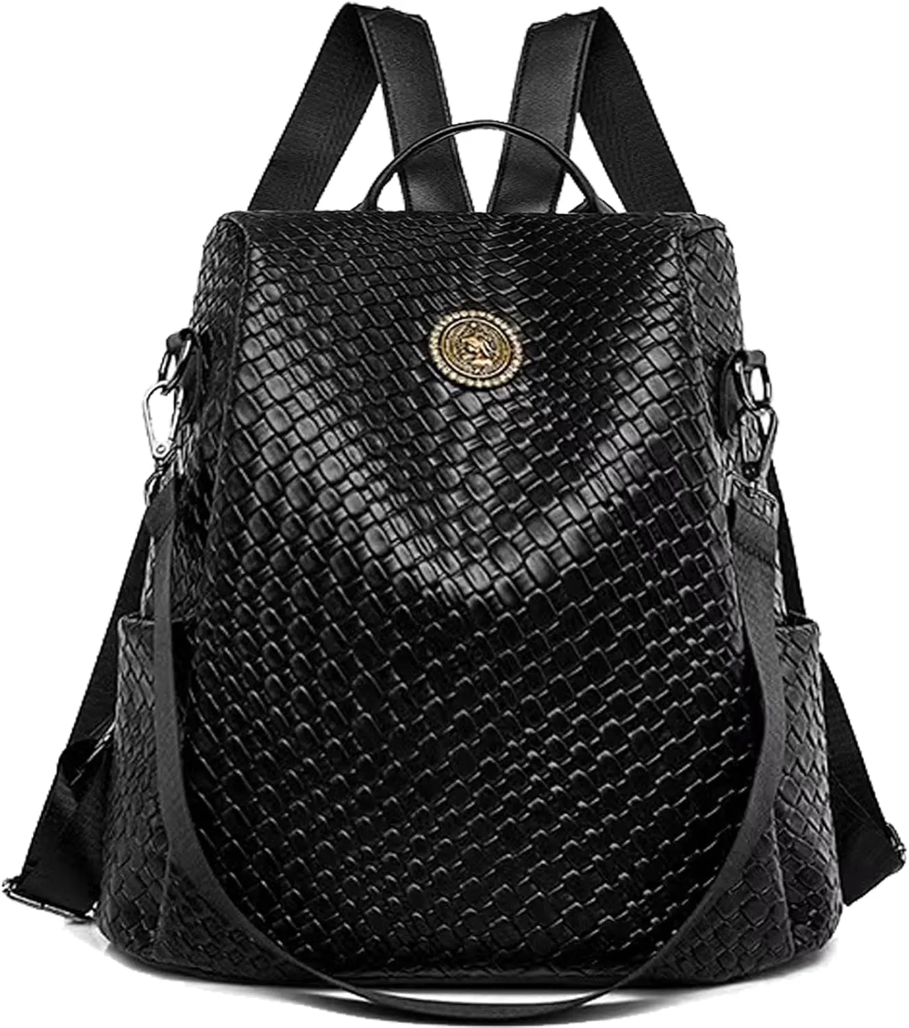 Woven Leather Backpack Purse for Women Waterproof Anti-theft Multipurpose Design Convertible Satchel Handbags (Black)