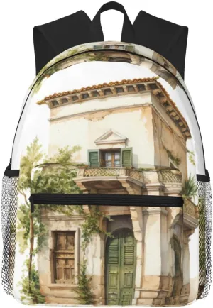 WURTON Antique Building With Roman Olive Branch And Greek Print Backpacks Casual Work,Travel,Outdoor Activities Fashionable Bag Unisex Daypacks