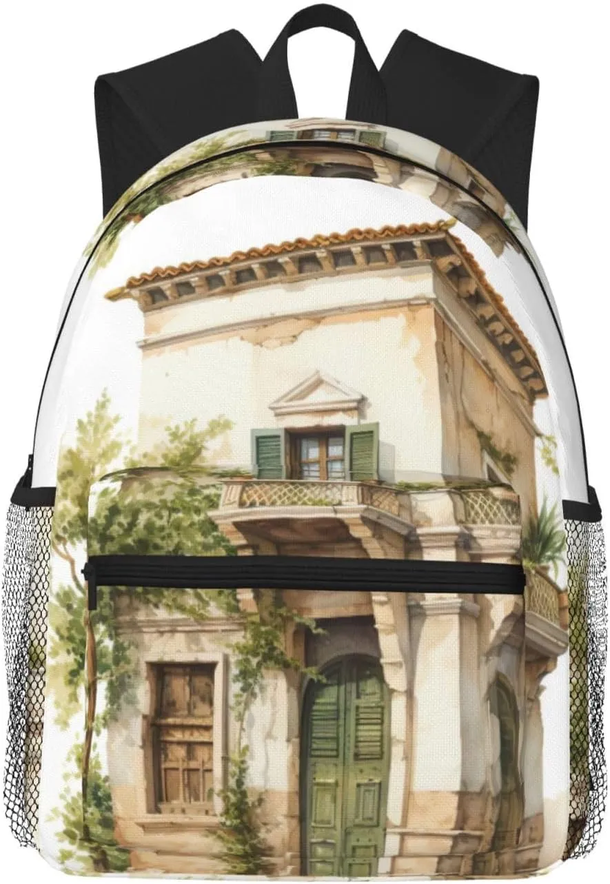 WURTON Antique Building With Roman Olive Branch And Greek Print Backpacks Casual Work,Travel,Outdoor Activities Fashionable Bag Unisex Daypacks
