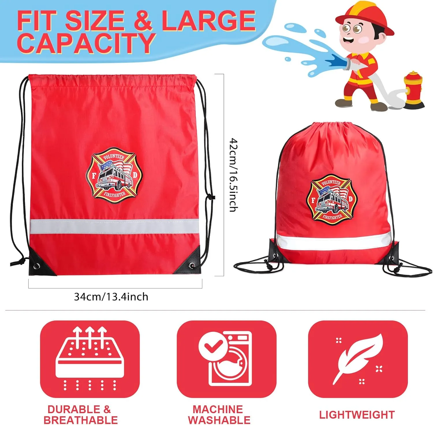 Xinnun 20 Pcs Firefighter Drawstring Backpack, 13.39 x 16.54 Inch Firefighter Bag Fire Truck Party Favors Birthday Supplies