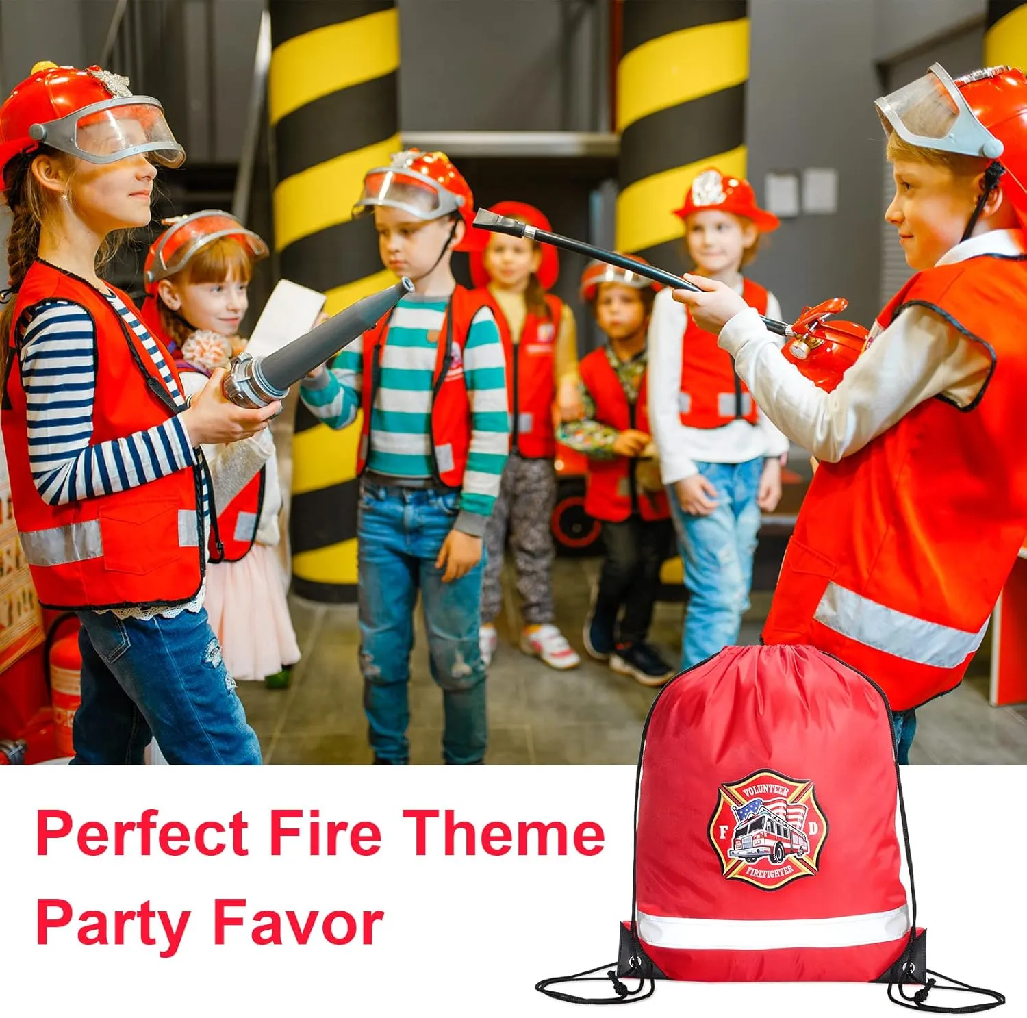 Xinnun 20 Pcs Firefighter Drawstring Backpack, 13.39 x 16.54 Inch Firefighter Bag Fire Truck Party Favors Birthday Supplies