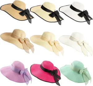 Xtinmee 9 Pcs Women Sun Straw Hat Wide Brim Summer Big Bowknot Straw Hat Floppy Beach Hats Foldable UV Upf50 Protection Beach Cap Adjustable Rope for Ladies Girls Multicolor