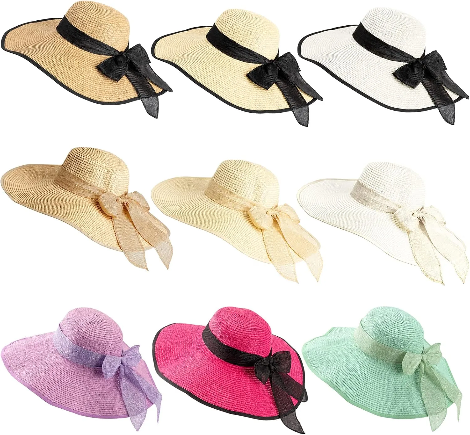 Xtinmee 9 Pcs Women Sun Straw Hat Wide Brim Summer Big Bowknot Straw Hat Floppy Beach Hats Foldable UV Upf50 Protection Beach Cap Adjustable Rope for Ladies Girls Multicolor