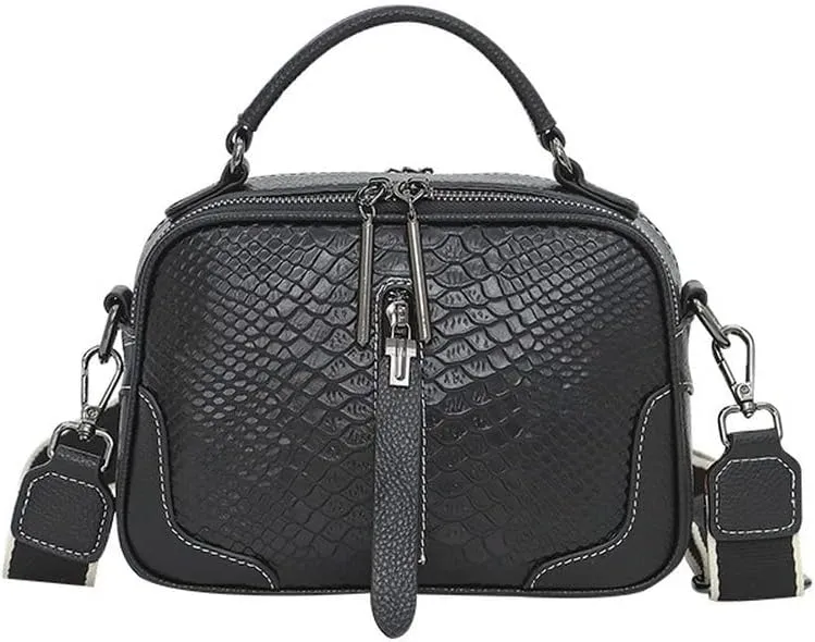 XXGJOALD-Women's Fashion Genuine Leather Handbags Crocodile Pattern Cross-Body Shoulder Bag Casual Messenger Bag (Black)