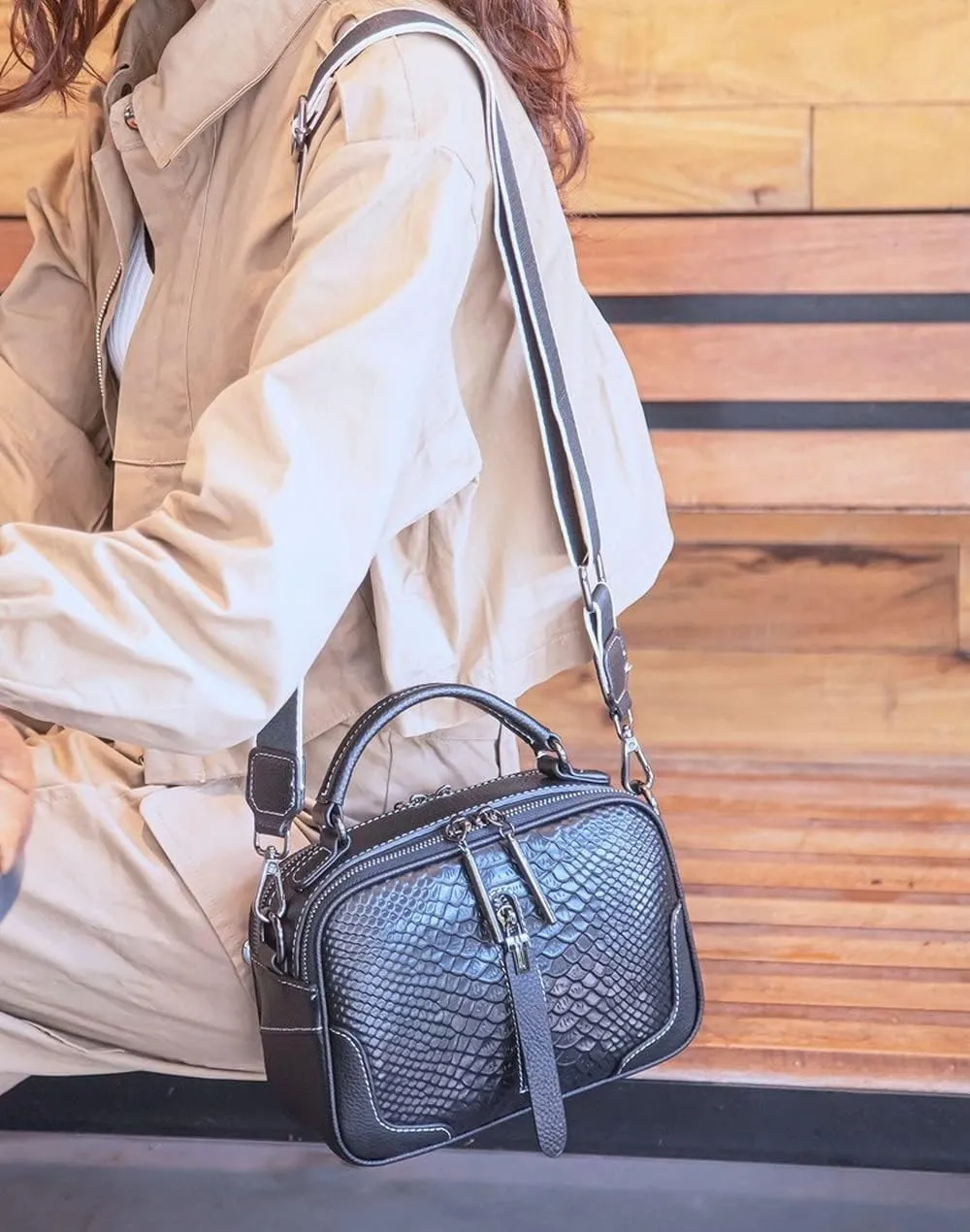 XXGJOALD-Women's Fashion Genuine Leather Handbags Crocodile Pattern Cross-Body Shoulder Bag Casual Messenger Bag (Black)