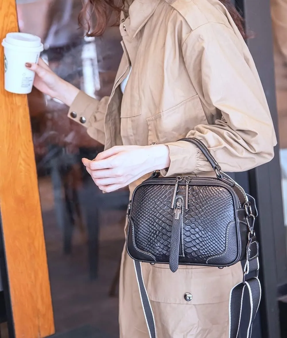 XXGJOALD-Women's Fashion Genuine Leather Handbags Crocodile Pattern Cross-Body Shoulder Bag Casual Messenger Bag (Black)