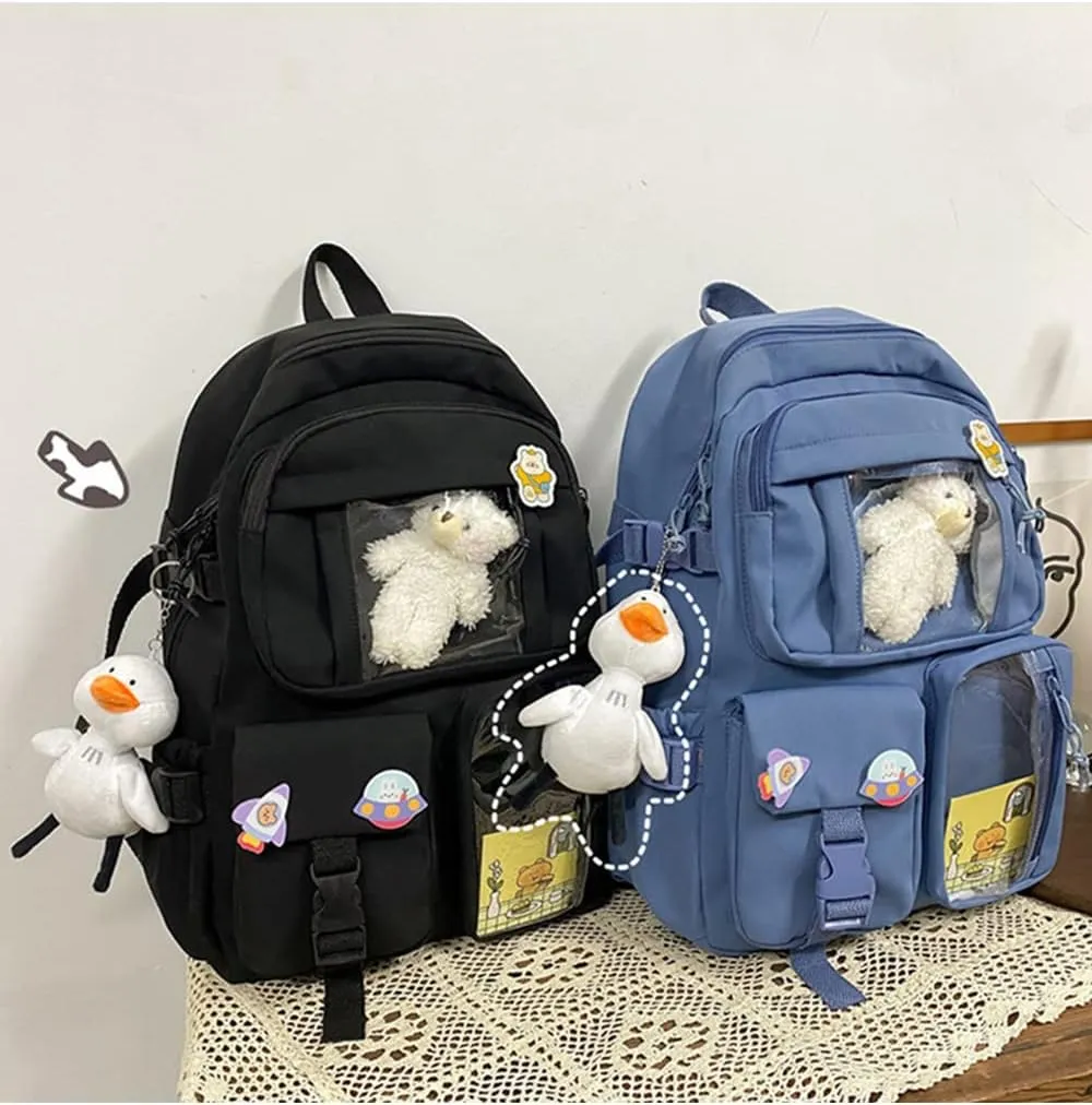 YAQUNICER Kawaii Daypacks Cute Bear and Duckling Pendant Backpack Large Capacity-Black
