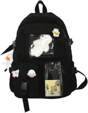 YAQUNICER Kawaii Daypacks Cute Bear and Duckling Pendant Backpack Large Capacity-Black
