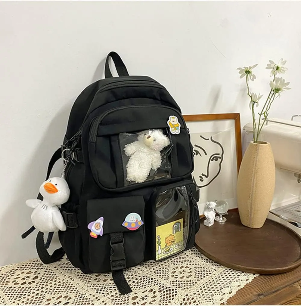 YAQUNICER Kawaii Daypacks Cute Bear and Duckling Pendant Backpack Large Capacity-Black