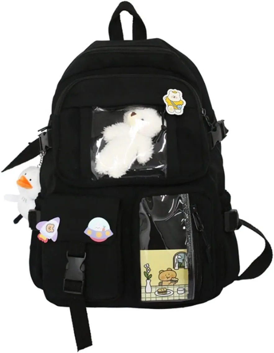 YAQUNICER Kawaii Daypacks Cute Bear and Duckling Pendant Backpack Large Capacity-Black