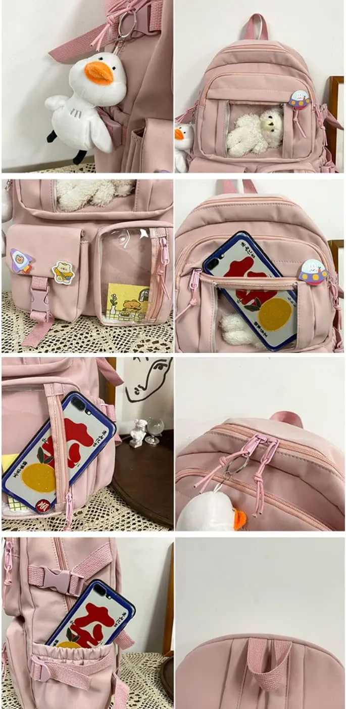YAQUNICER Kawaii Daypacks Cute Bear and Duckling Pendant Backpack Large Capacity-White