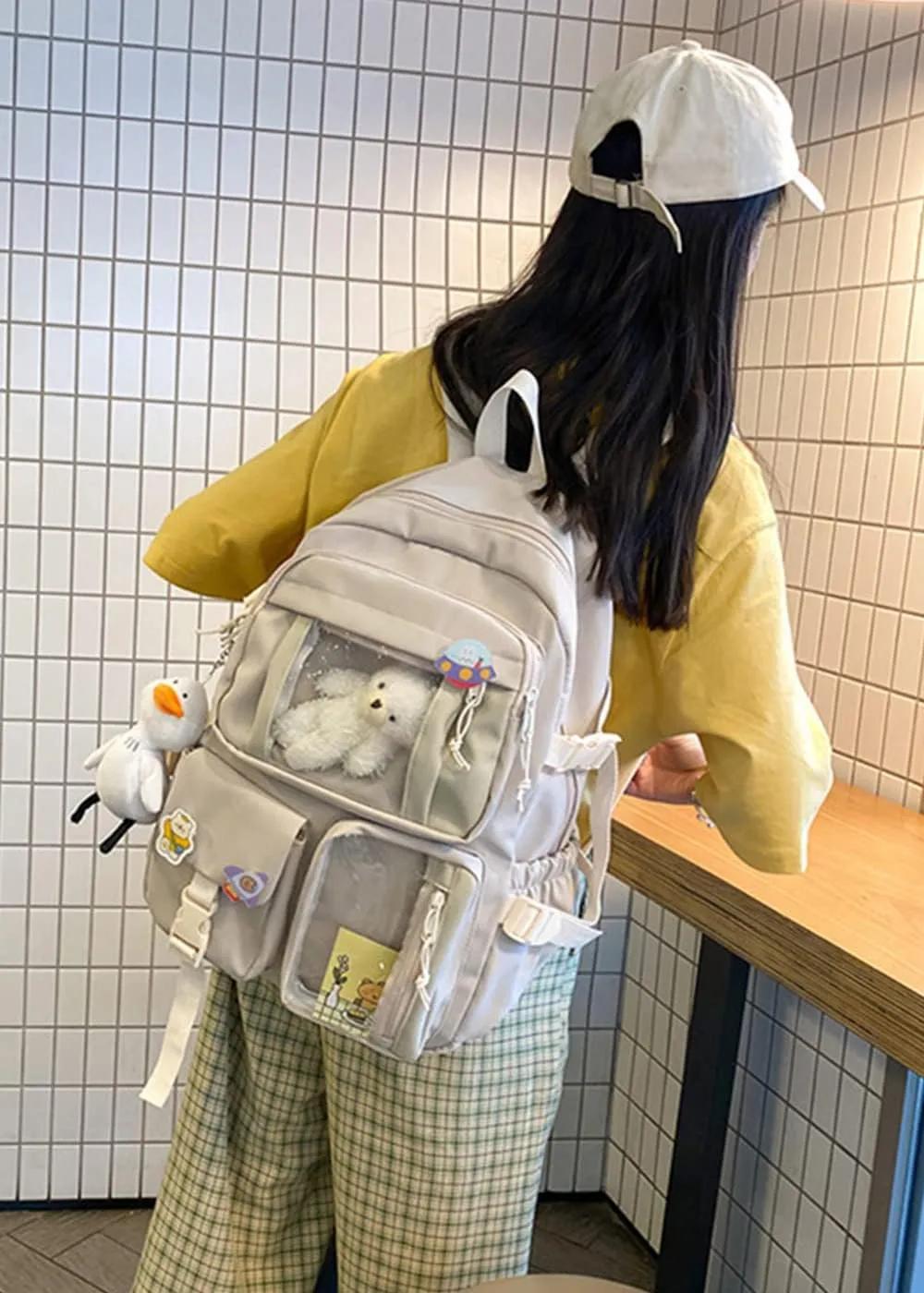YAQUNICER Kawaii Daypacks Cute Bear and Duckling Pendant Backpack Large Capacity-White