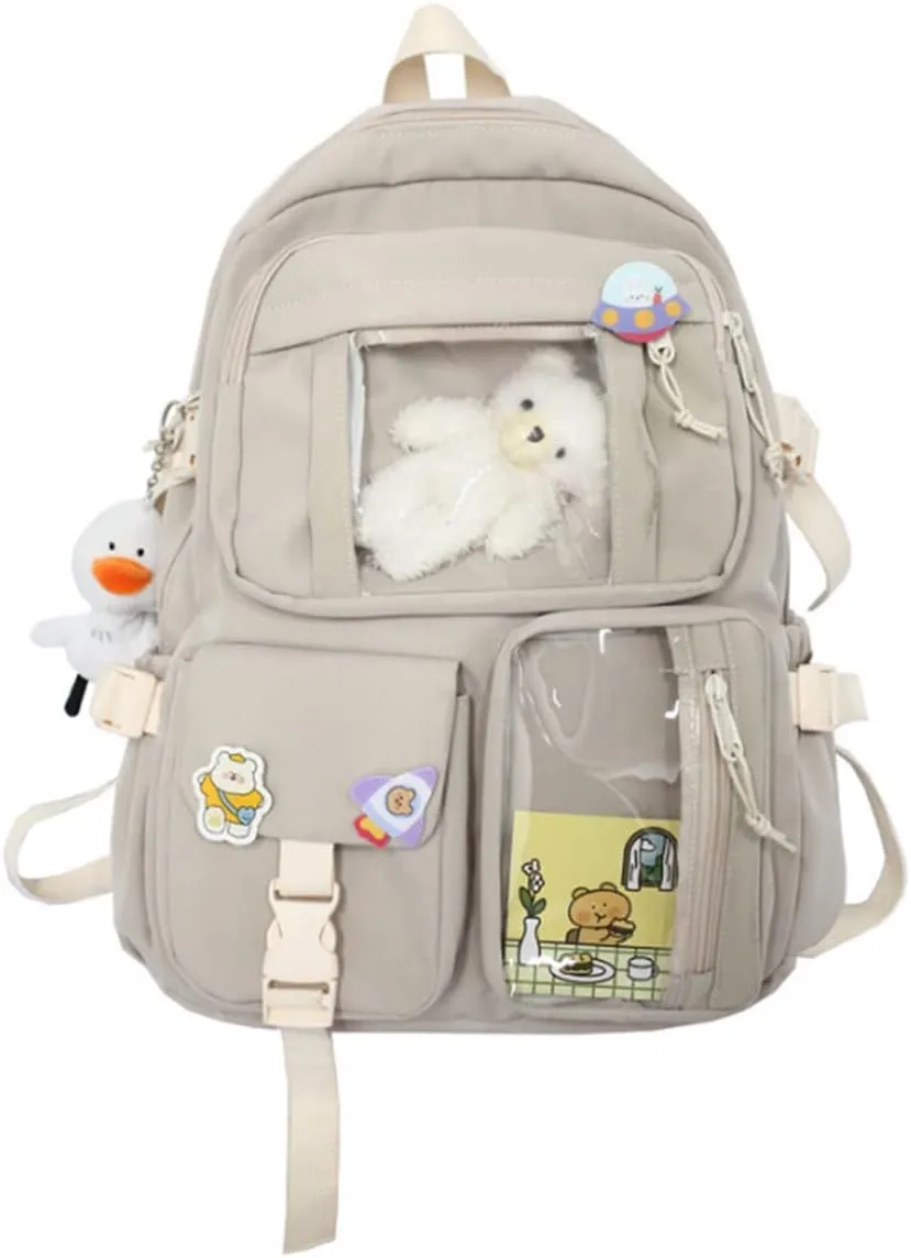 YAQUNICER Kawaii Daypacks Cute Bear and Duckling Pendant Backpack Large Capacity-White