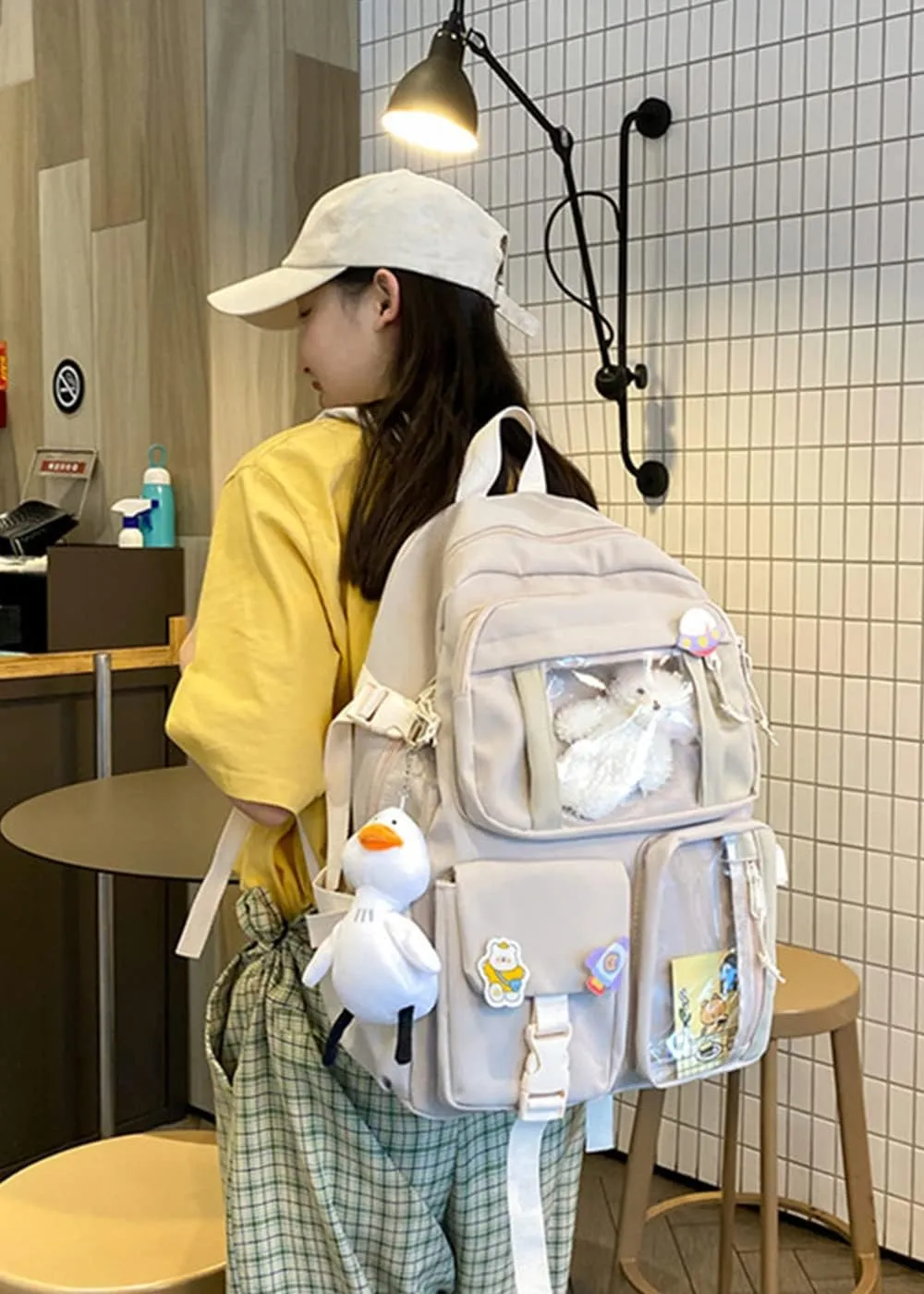 YAQUNICER Kawaii Daypacks Cute Bear and Duckling Pendant Backpack Large Capacity-White
