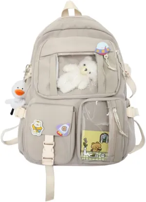 YAQUNICER Kawaii Daypacks Cute Bear and Duckling Pendant Backpack Large Capacity-White