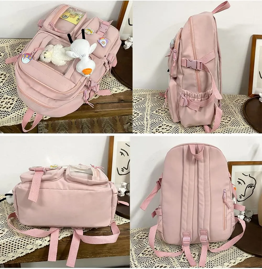 YAQUNICER Kawaii Daypacks Cute Bear and Duckling Pendant Backpack Large Capacity-White