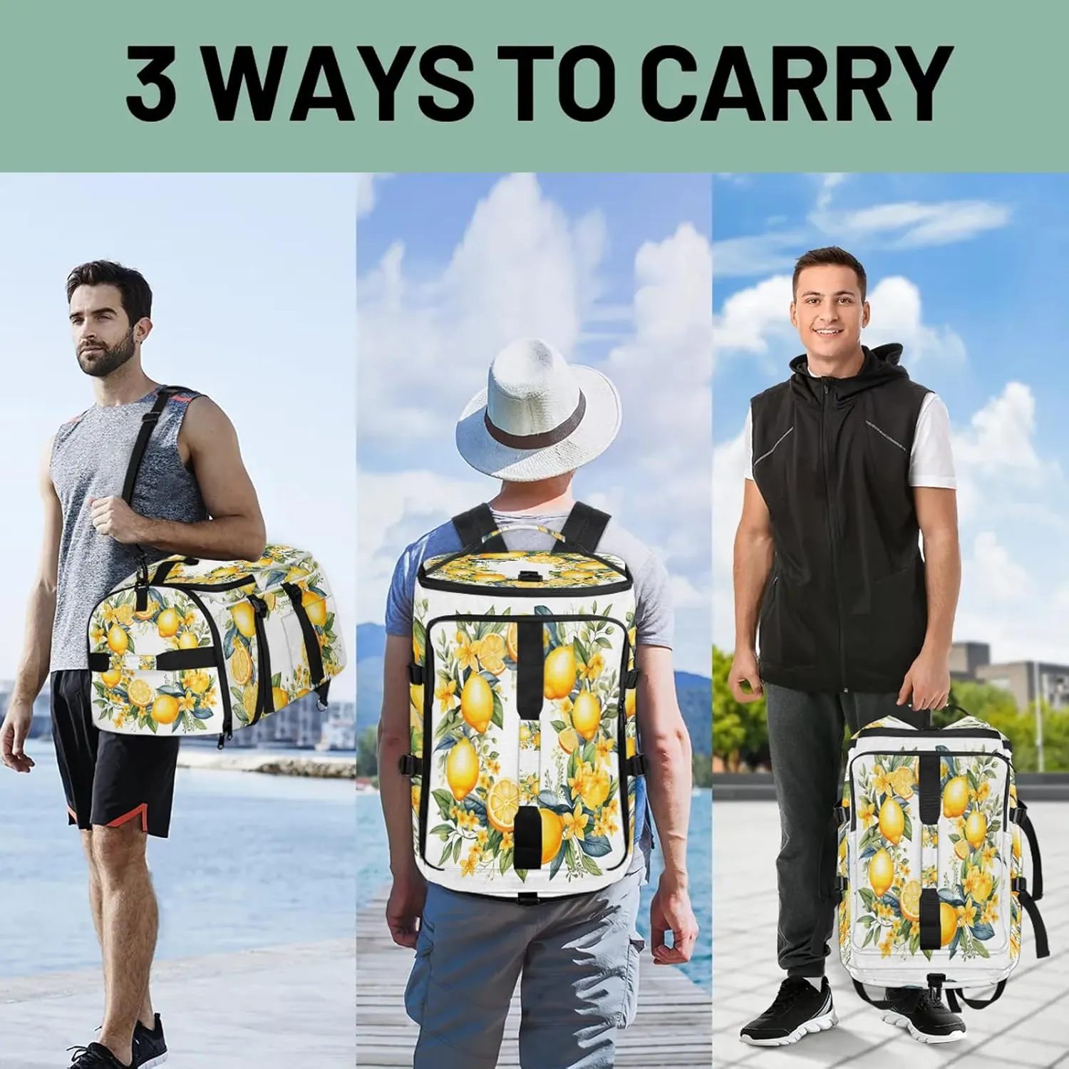 Yellow Lemon Floral Flower Gym Duffle Bag Backpack Waterproof Sports Bags with Shoe Compartment 48L Carry On Overnight Weekender Travel Luggage