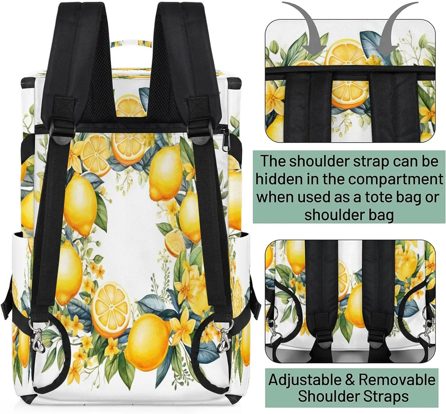 Yellow Lemon Floral Flower Gym Duffle Bag Backpack Waterproof Sports Bags with Shoe Compartment 48L Carry On Overnight Weekender Travel Luggage