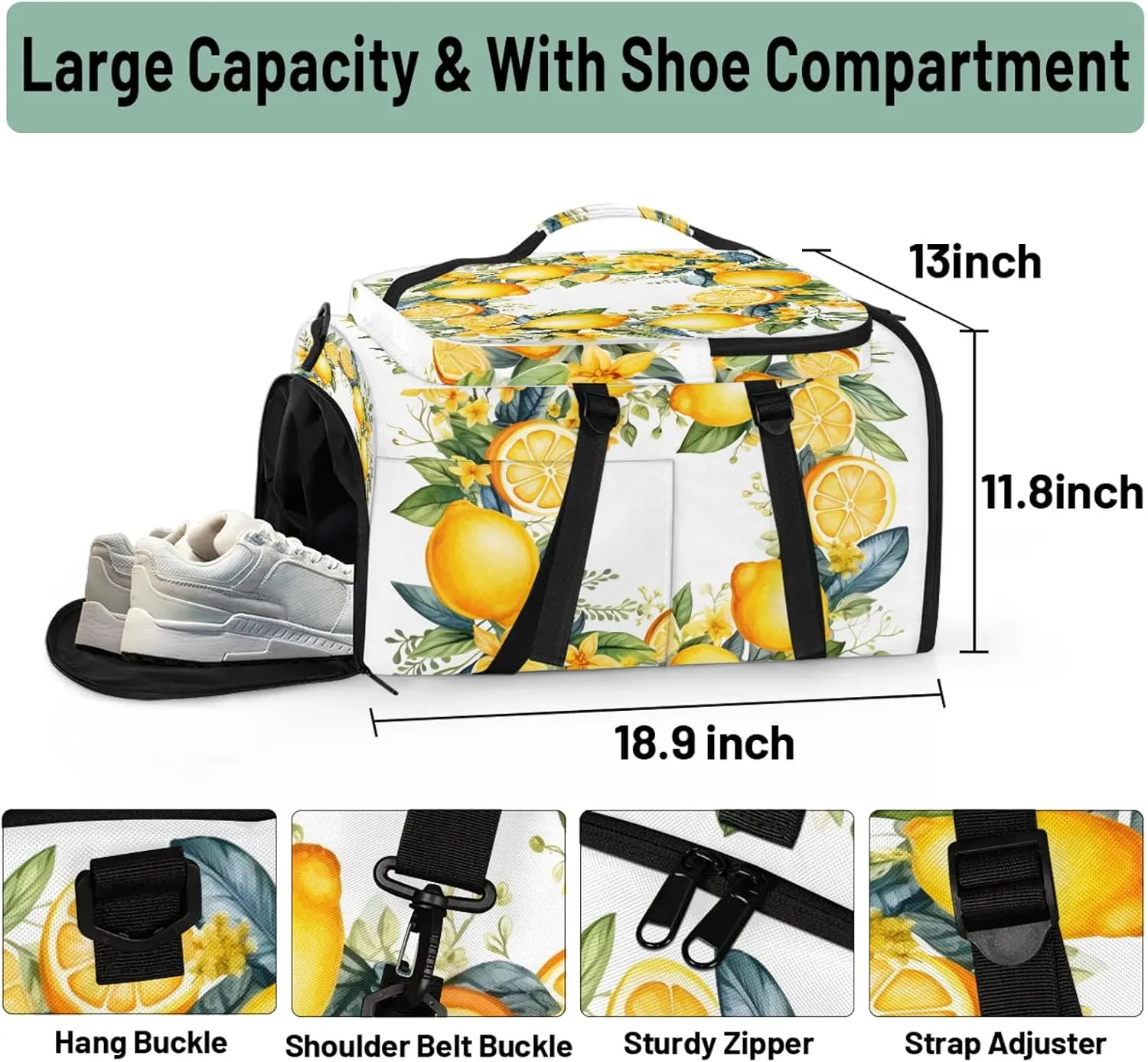 Yellow Lemon Floral Flower Gym Duffle Bag Backpack Waterproof Sports Bags with Shoe Compartment 48L Carry On Overnight Weekender Travel Luggage
