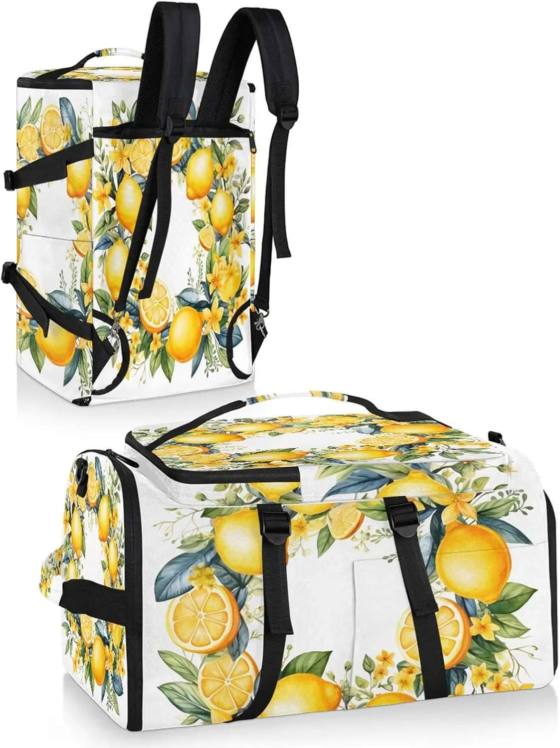 Yellow Lemon Floral Flower Gym Duffle Bag Backpack Waterproof Sports Bags with Shoe Compartment 48L Carry On Overnight Weekender Travel Luggage