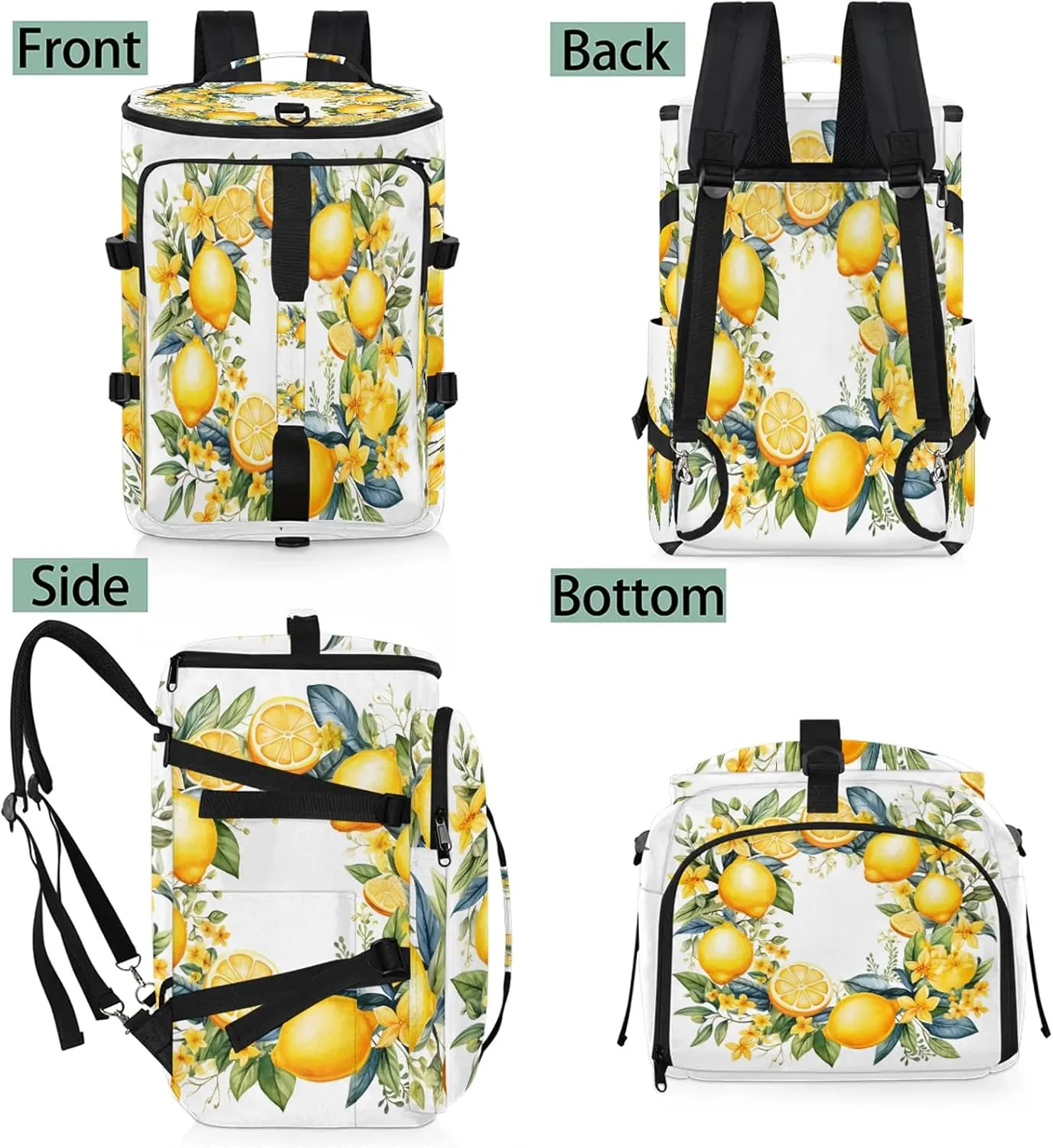 Yellow Lemon Floral Flower Gym Duffle Bag Backpack Waterproof Sports Bags with Shoe Compartment 48L Carry On Overnight Weekender Travel Luggage