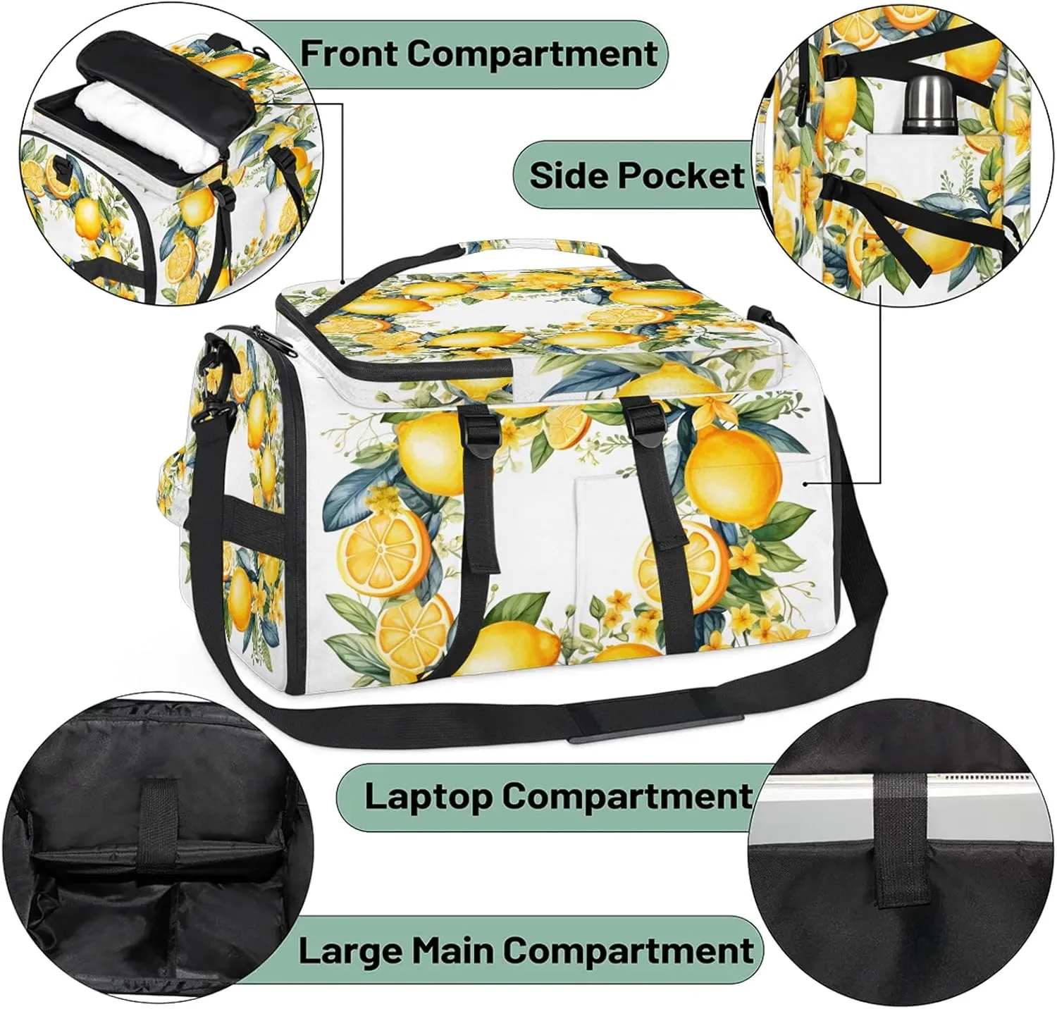 Yellow Lemon Floral Flower Gym Duffle Bag Backpack Waterproof Sports Bags with Shoe Compartment 48L Carry On Overnight Weekender Travel Luggage