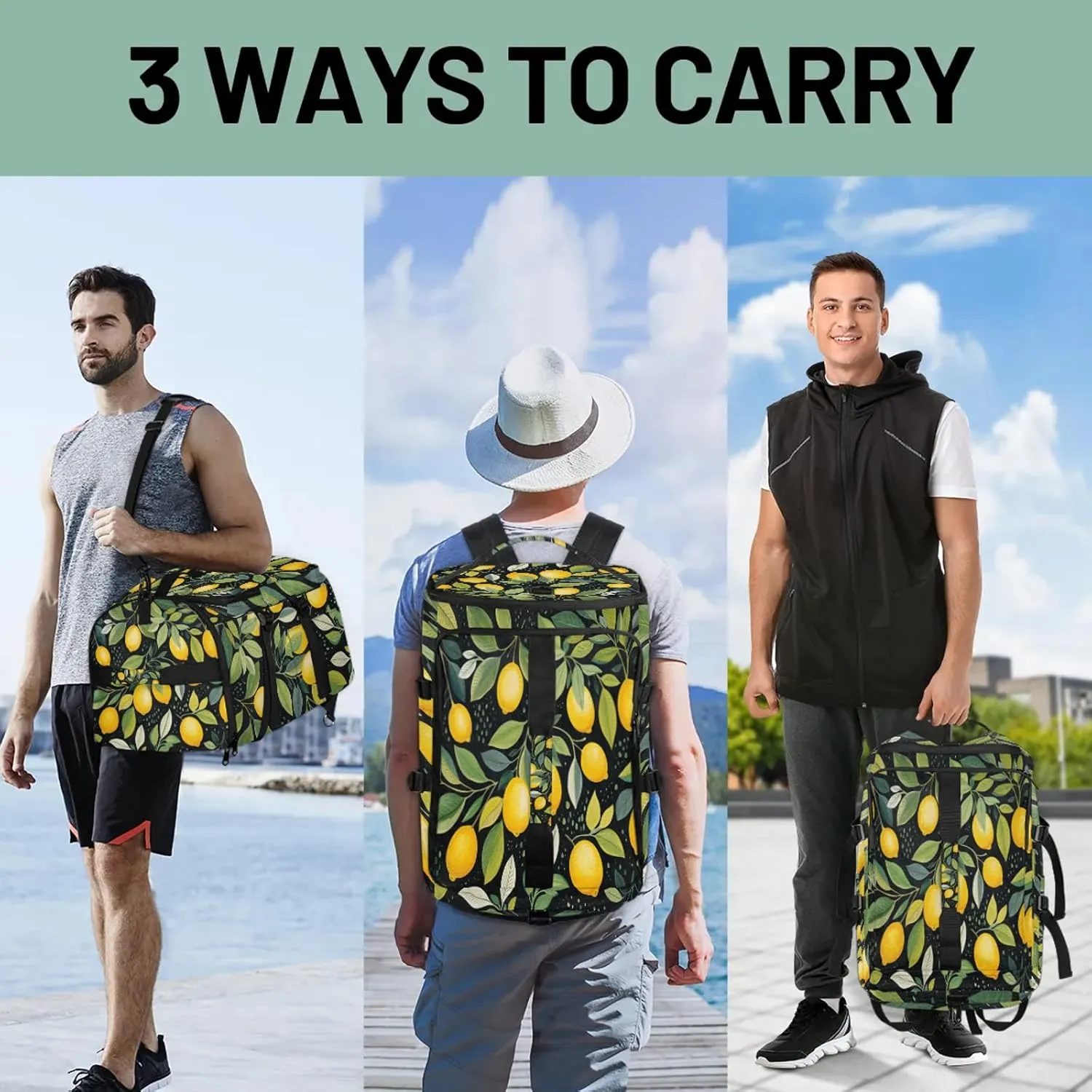 Yellow Lemon Spring Leaf Gym Duffle Bag Backpack Waterproof Sports Bags with Shoe Compartment 48L Carry On Overnight Weekender Travel Luggage
