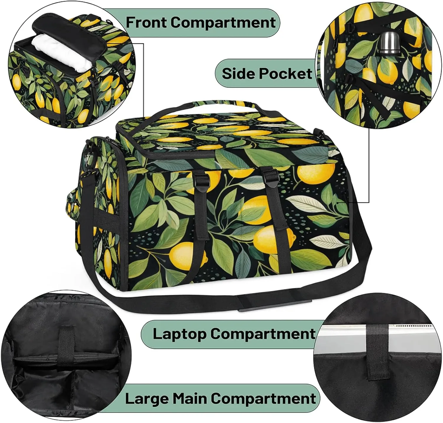 Yellow Lemon Spring Leaf Gym Duffle Bag Backpack Waterproof Sports Bags with Shoe Compartment 48L Carry On Overnight Weekender Travel Luggage