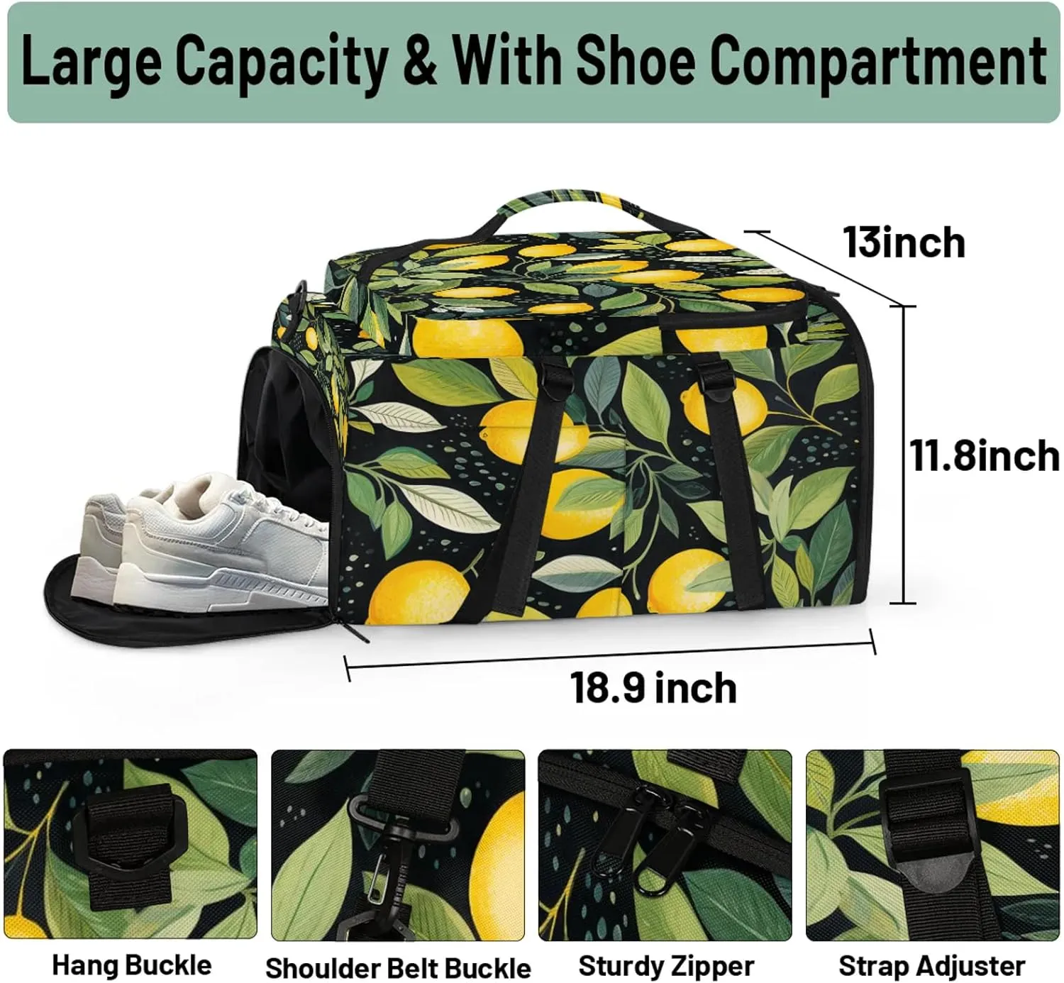 Yellow Lemon Spring Leaf Gym Duffle Bag Backpack Waterproof Sports Bags with Shoe Compartment 48L Carry On Overnight Weekender Travel Luggage