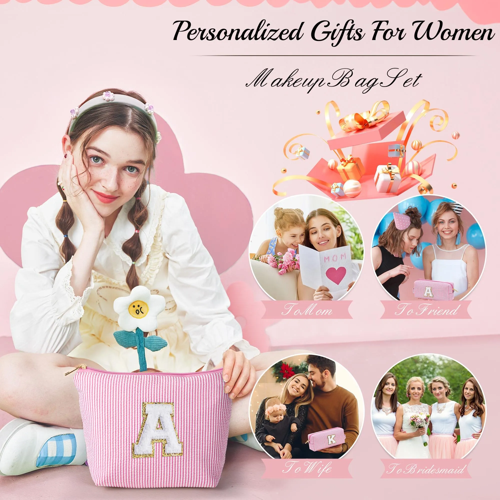 YOOLIFE Easter Gifts | Personalized Initial Makeup Bag | Pink Cosmetic Bag Travel Bag | Easter Basket Essentials 11 12 13 14 15 16 Years Old Girl Gifts Graduation Gifts Teen Girl Gifts Trendy Stuff A