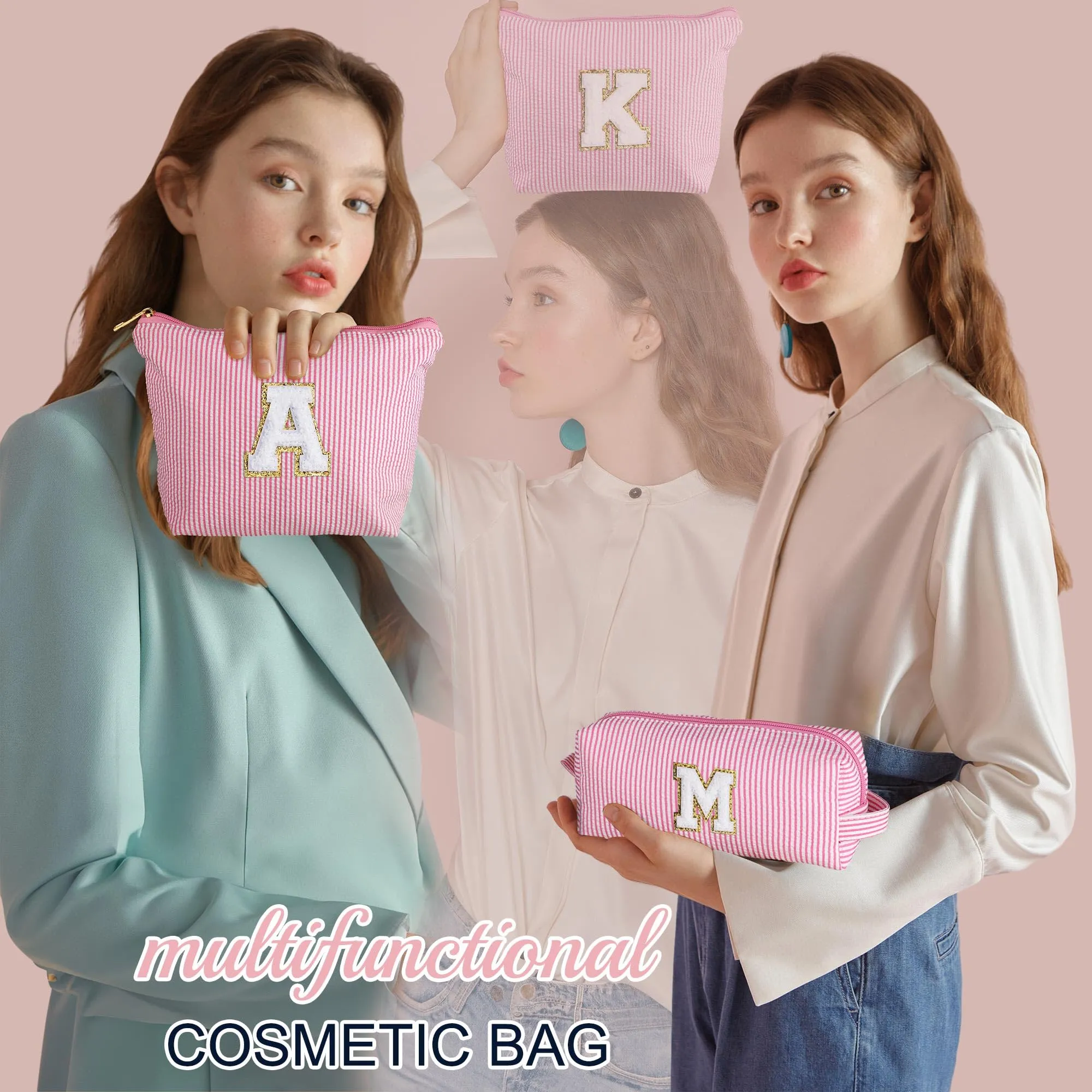 YOOLIFE Easter Gifts | Personalized Initial Makeup Bag | Pink Cosmetic Bag Travel Bag | Easter Basket Essentials 11 12 13 14 15 16 Years Old Girl Gifts Graduation Gifts Teen Girl Gifts Trendy Stuff A
