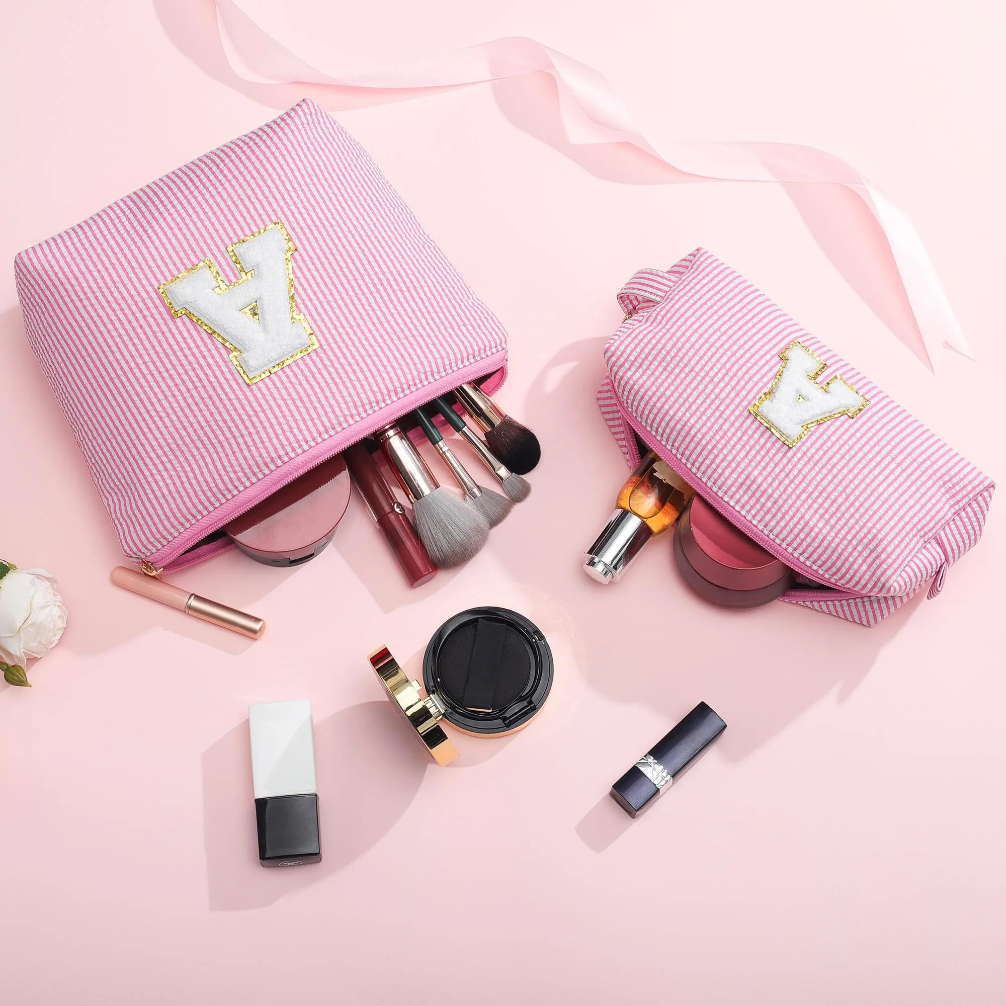YOOLIFE Easter Gifts | Personalized Initial Makeup Bag | Pink Cosmetic Bag Travel Bag | Easter Basket Essentials 11 12 13 14 15 16 Years Old Girl Gifts Graduation Gifts Teen Girl Gifts Trendy Stuff A