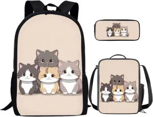 Ystardream Kids School Bag with Lunch Bag Kawaii Cat Backpack for Girls 10-12 Primary Middle Junior High School Bag Bookbag 3pcs Backpack Sets with Lunch Box Pencil Case