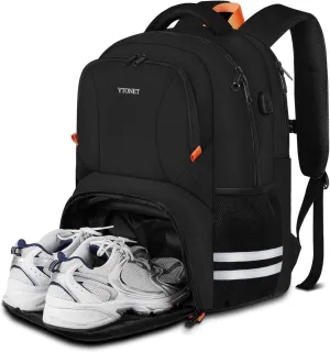 Ytonet Gym Backpack For Men Women, Travel Sports Backpack With Shoe Compartment USB Charging Port, Large Workout Water Resistant College Bag Fit 17.3 Inch Laptop, Hiking, Black