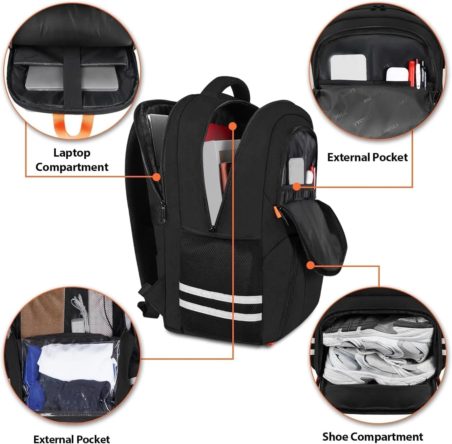 Ytonet Gym Backpack For Men Women, Travel Sports Backpack With Shoe Compartment USB Charging Port, Large Workout Water Resistant College Bag Fit 17.3 Inch Laptop, Hiking, Black