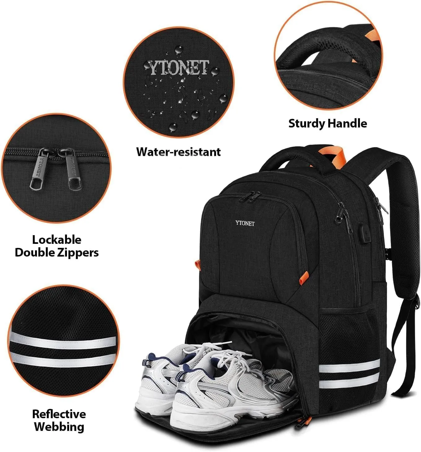 Ytonet Gym Backpack For Men Women, Travel Sports Backpack With Shoe Compartment USB Charging Port, Large Workout Water Resistant College Bag Fit 17.3 Inch Laptop, Hiking, Black