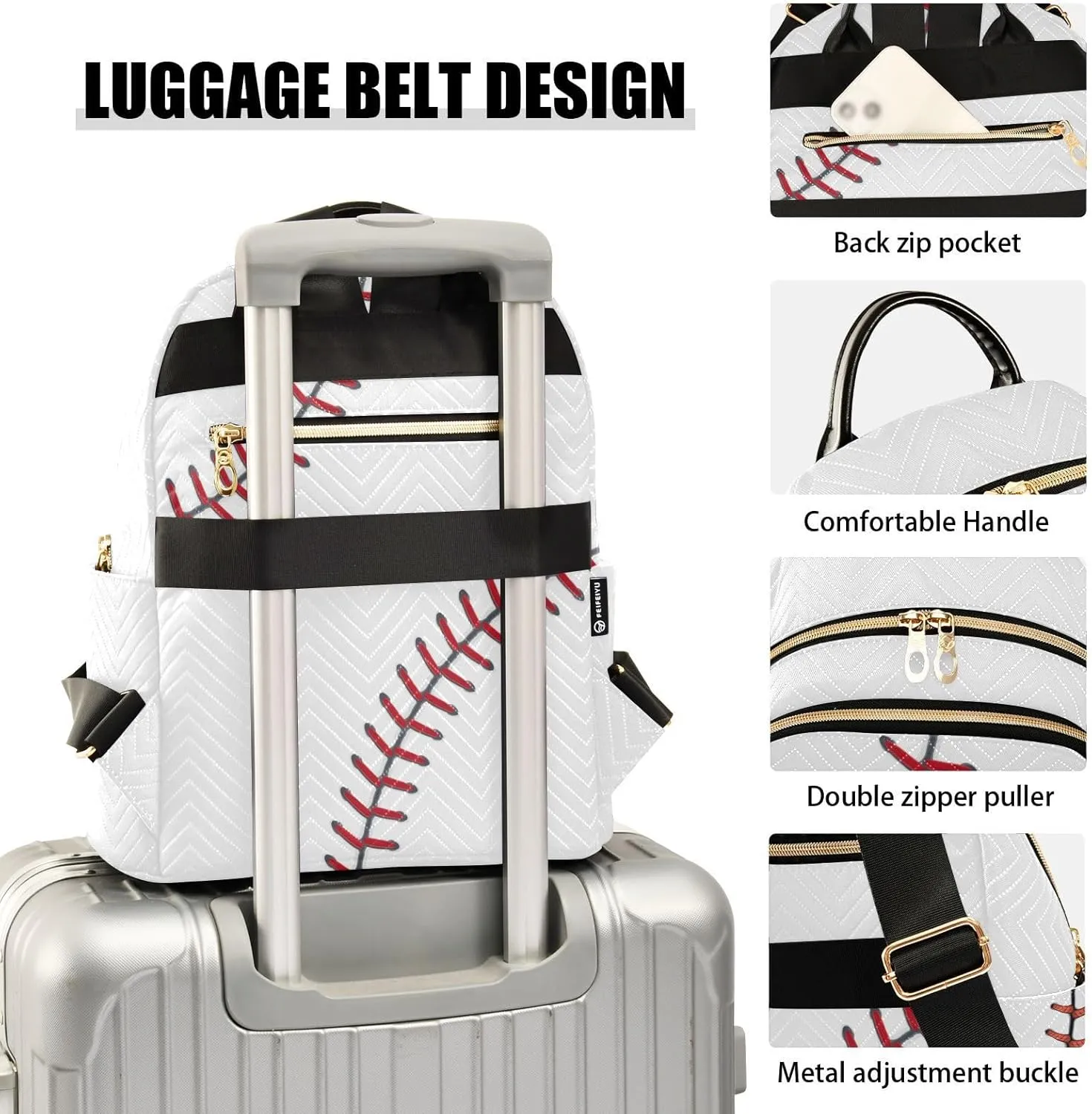 ZAZYXTJ Baseball Backpack Purse for Women Quilted Mini Fashion Backpacks Lightweight Travel Casual Backpack