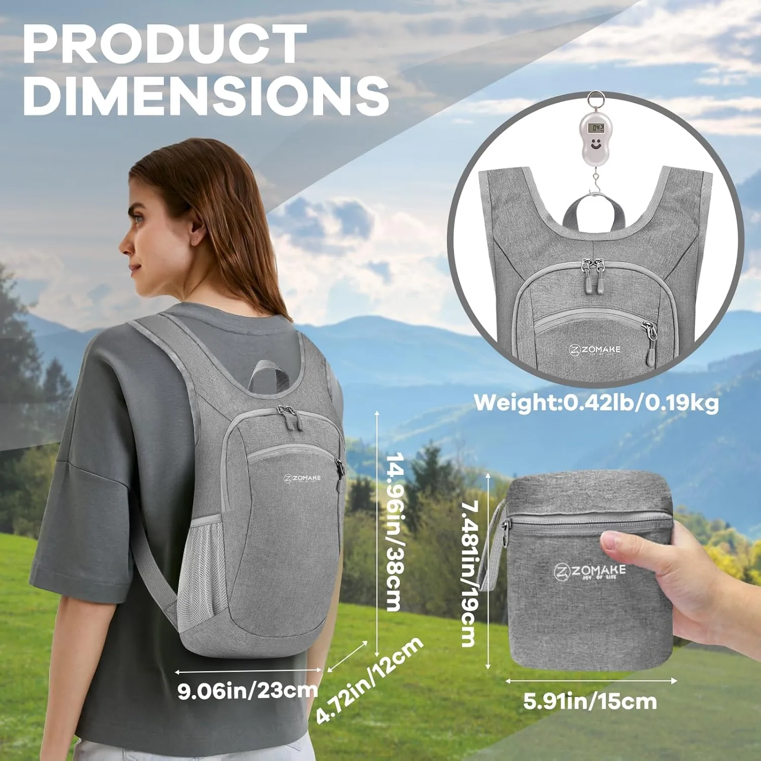 ZOMAKE Ultra Lightweight Packable Backpack, 10L Small Daypack Light Foldable Backpacks Water Resistant Day Bag for Hiking (Grey)