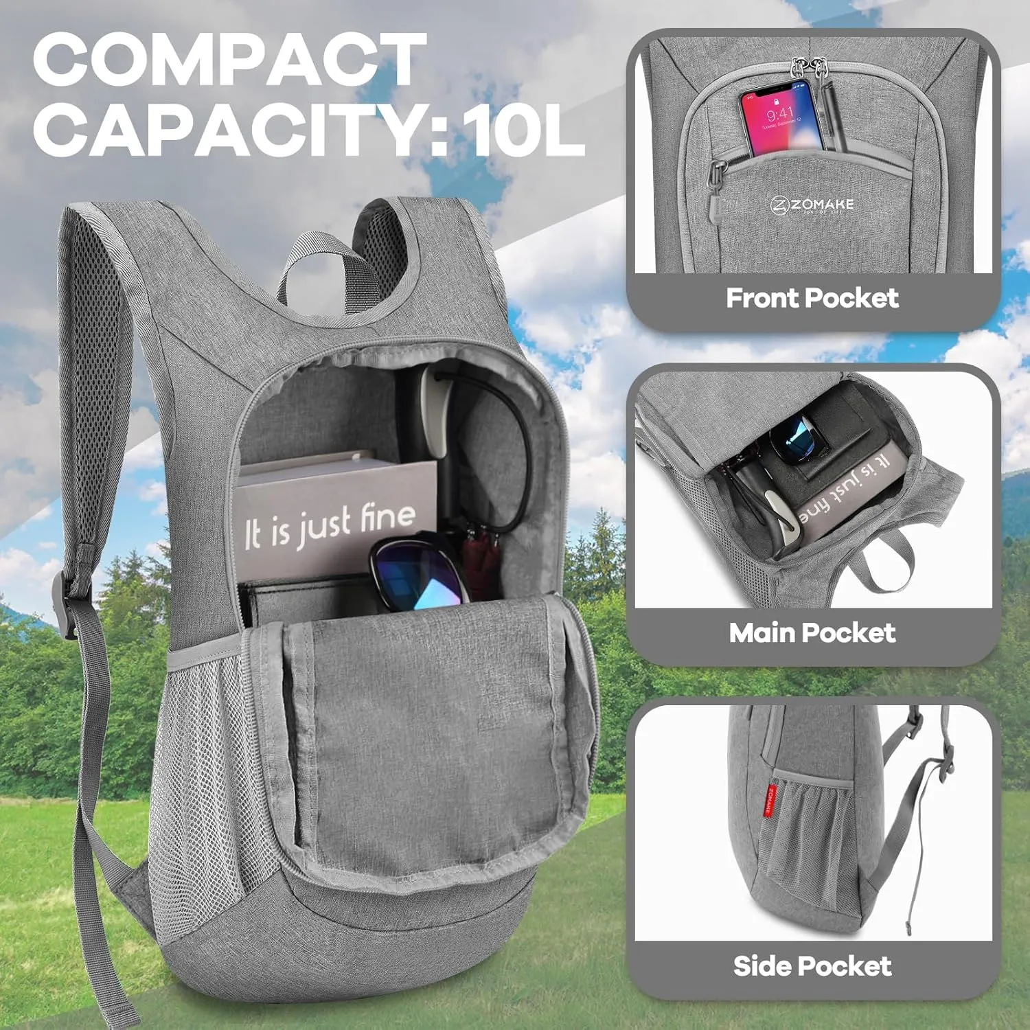 ZOMAKE Ultra Lightweight Packable Backpack, 10L Small Daypack Light Foldable Backpacks Water Resistant Day Bag for Hiking (Grey)